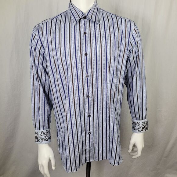 Zagiri Brown and‎ Blue Striped Button Down Shirt with Jacquard Flip Cuffs - Picture 1 of 9